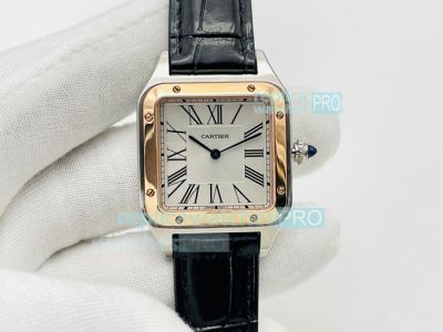 Swiss Quartz Cartier Santos-Dumont Couple Watch Rose Gold Bezel Black Leather Strap